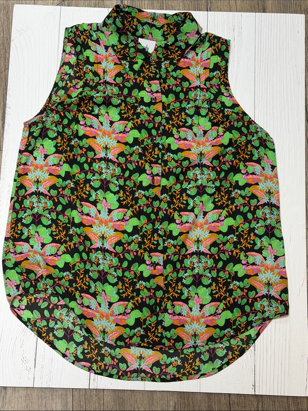 CAbi Pixie Top Sleeveless Floral Button-Down Black, Green, Pink and Orange